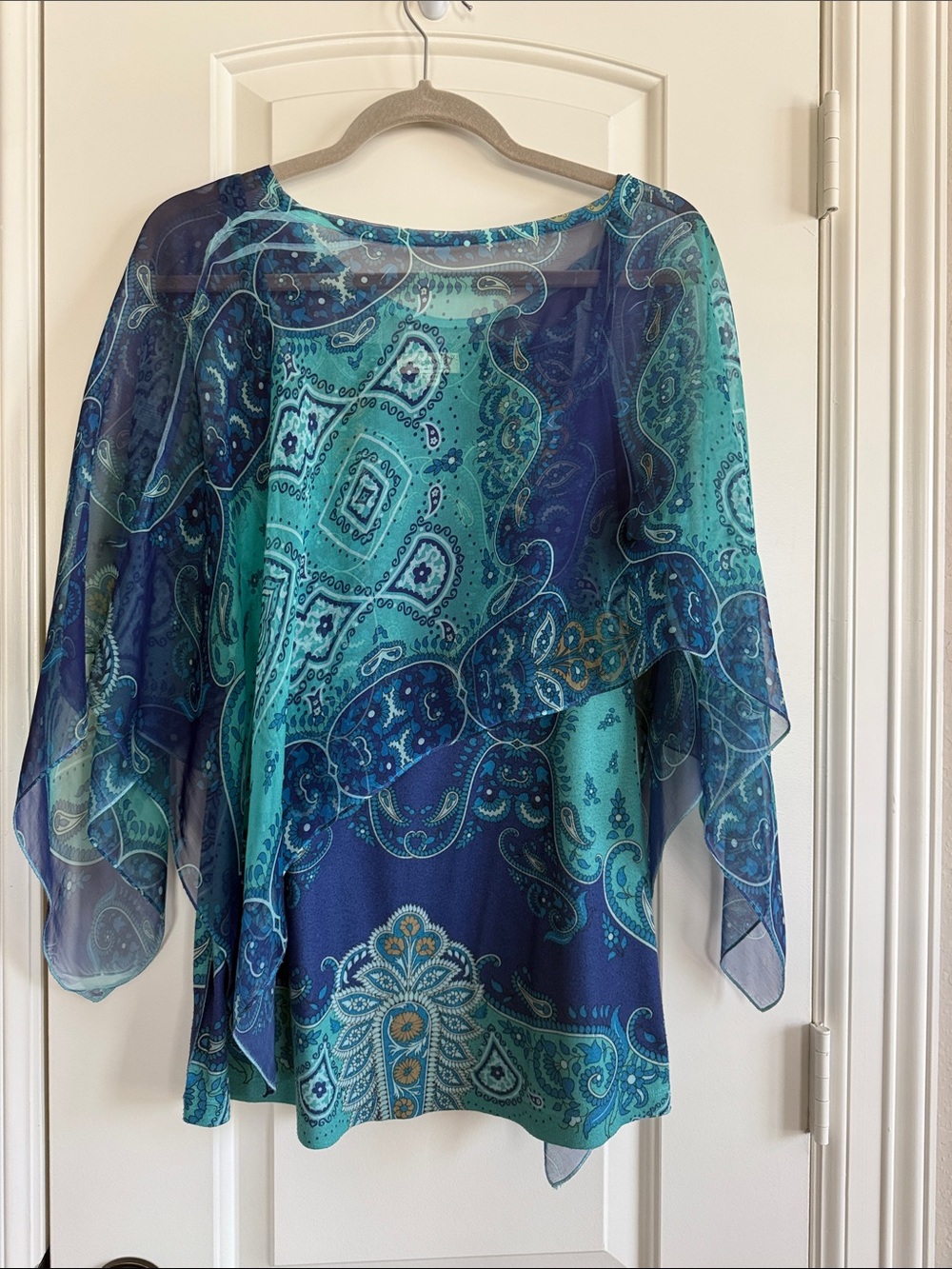 ONE WORLD Blue and Teal Paisley Sheer Overlay Tunic